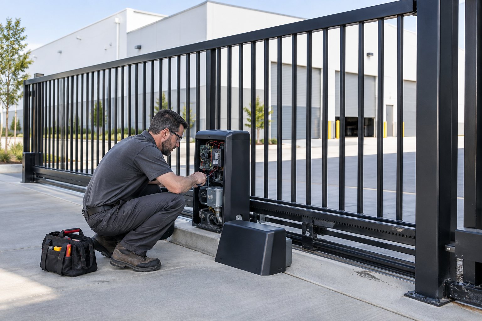Technician repairing a commercial sliding gate operator